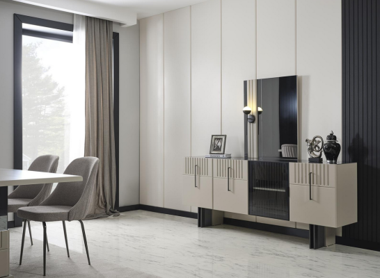 Gray Dining room Furniture Luxury Dining table Upholstered chairs Chest of drawers Mirror 7pcs