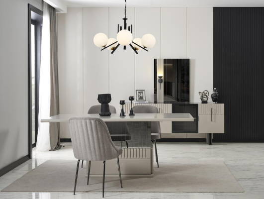 Modern Dining room set Gray Dining table Designer Textile Chairs 7 pieces