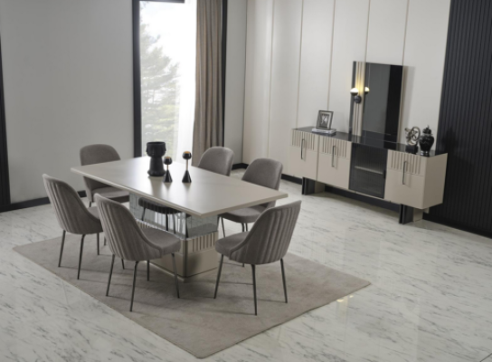 Dining room furniture set in gray modern dining table upholstered chairs 9 pieces. set
