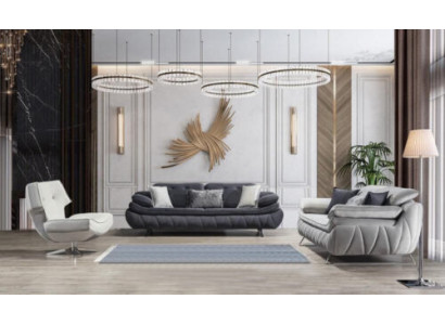 Living room set 3 pieces black white 2x sofas with armchair modern design textile