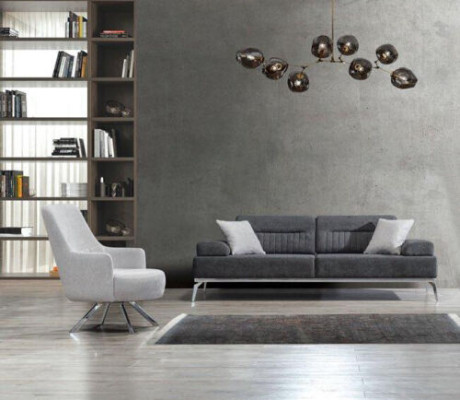 Living room set 2 pieces. 3-Seater Sofa 1-Seater Armchair Gray White Textile Material