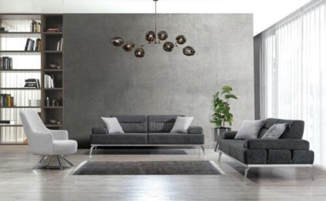 Living room set 3 pieces 2x 3-seater gray with white armchair modern design textile