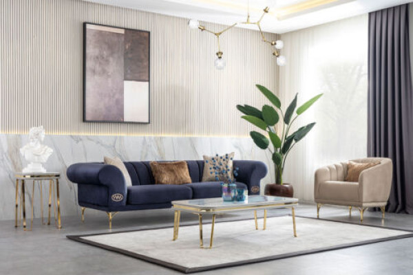 Modern Blue -Beige Sofa set Designer 3+1 -Seater Luxury Living room Armchair