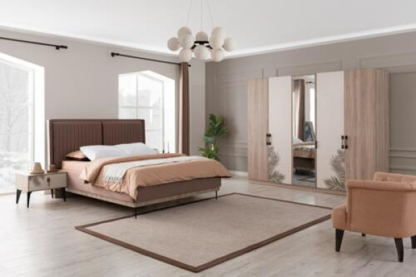 Brown Bedroom Stylish Double bed Bedside tables Wardrobe