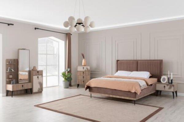 Brown Bedroom Set Designer Upholstered bed Wood Bedside tables Chest of drawers