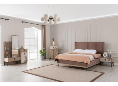 Brown Bedroom Set Designer Upholstered bed Wood Bedside tables Chest of drawers