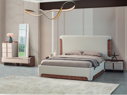 Stylish Beige Bedroom Furniture Upholstery Double bed Dressing table 5pcs