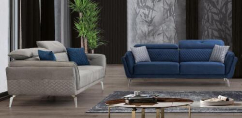 Designer Upholstery Couch Set Blue Gray Fabric Sofas Luxury 2x 3-Seater