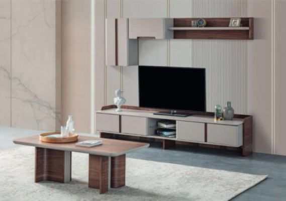 Stylish living room wall set designer TV lowboard wood coffee table