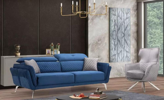 Exquisite Sofa set Blue three seater Designer Armchair Upholstery Furniture