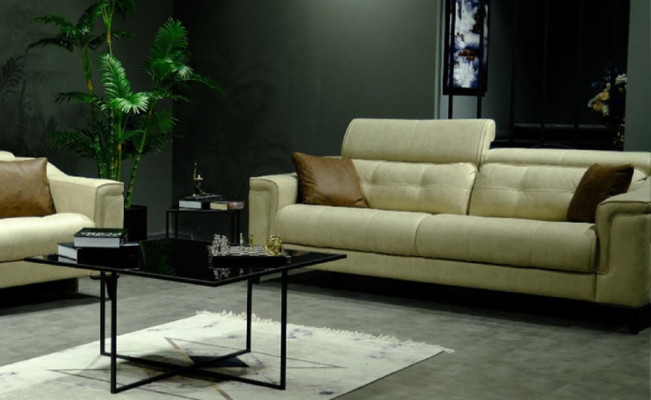 Beige Living room Three Seater Leather 3-Seater Upholstery Couch Wooden Frame