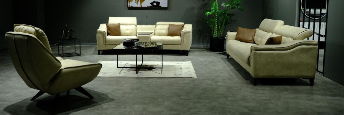 Beige Living room Three Seater Leather 3-Seater Upholstery Couch Wooden Frame