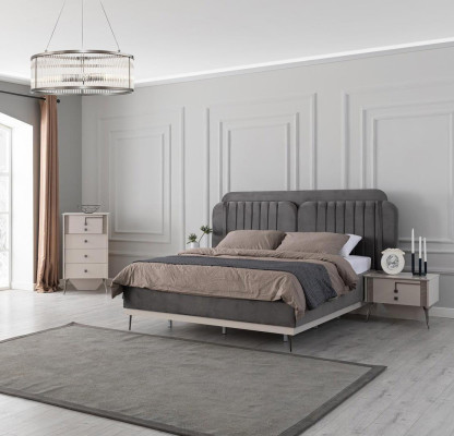 Gray Bedroom Furnishings Designer Textile Bed 2x Wood Bedside tables
