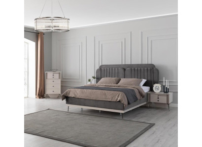 Gray Bedroom Furnishings Designer Textile Bed 2x Wood Bedside tables