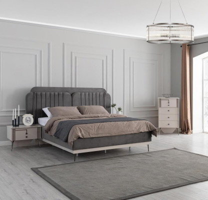 Bedroom Modern Set Gray Double bed 2x Design Bedside tables 3pcs