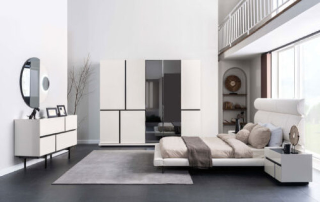 White Bedroom Set Double bed Wardrobe 2x Bedside tables Mirror