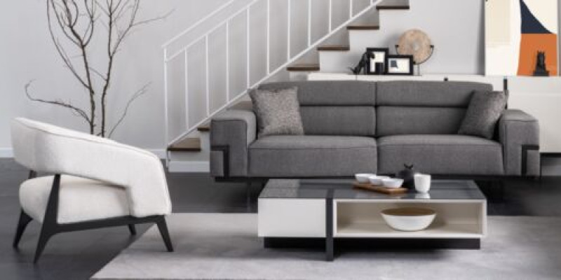 Gray and White Upholstery Suite Living room 3-Seater Armchair Wood Coffee table