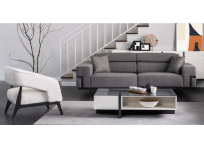 Gray and White Upholstery Suite Living room 3-Seater Armchair Wood Coffee table