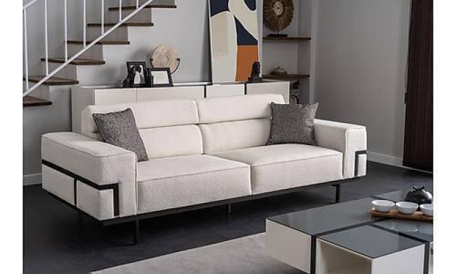 Living room White Upholstered Set 3+1 Seater Designer Glass Coffee table