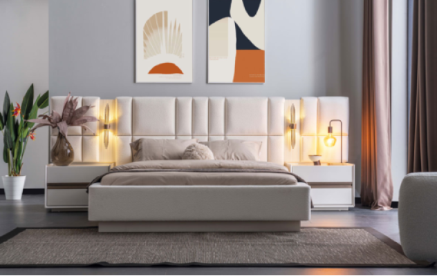 exclusive Bedroom Furniture Designer Textile Bed 2x Wood Bedside tables