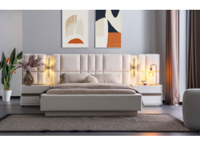 exclusive Bedroom Furniture Designer Textile Bed 2x Wood Bedside tables