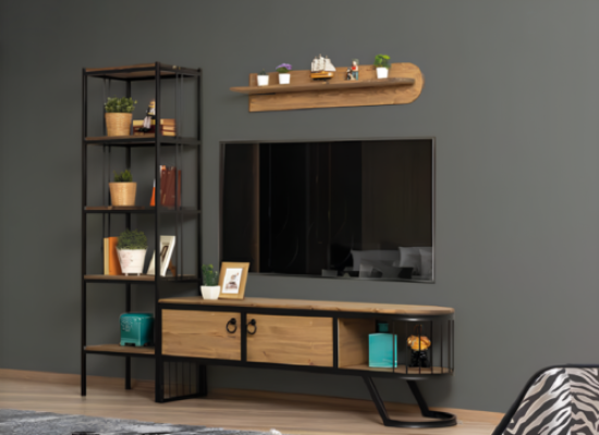 Living room TV stand Bookshelf TV cabinet Lowboard Wood Brown Set 3 pieces