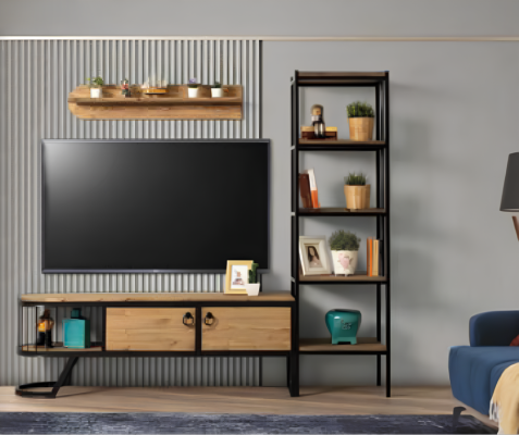 Living room TV stand Bookshelf TV cabinet Lowboard Wood Brown Set 3 pieces