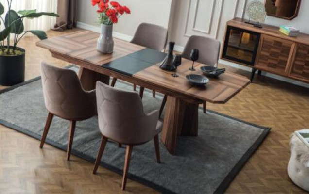 Complete e Dining set Designer dining area Wood Dining table 6x upholstered chairs