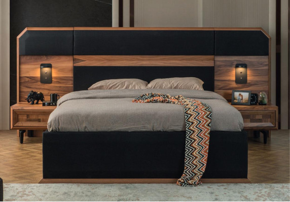 Brown-Black Wood Bedroom Suite Double bed 2x Bedside tables 3pcs
