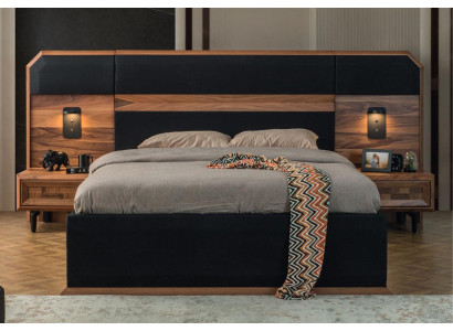 Brown-Black Wood Bedroom Suite Double bed 2x Bedside tables 3pcs