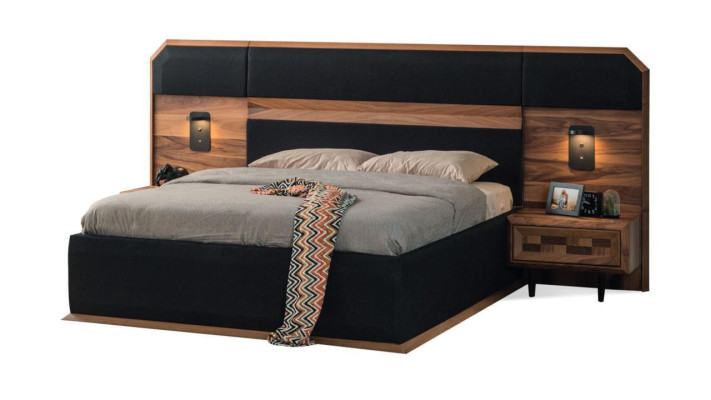 Brown-Black Wood Bedroom Suite Double bed 2x Bedside tables 3pcs