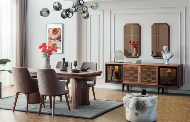 Complete e Dining set Designer dining area Wood Dining table 6x upholstered chairs