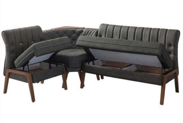 Gray Dining room Suite Wood Dining table 2x textile chairs corner bench 4-piece set