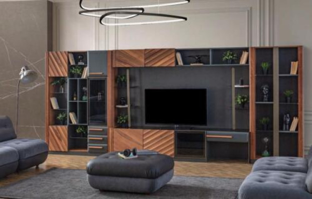 Modern Black and Brown Wall Unit Luxury TV Cabinet Display Case Wall Cabinet Furniture 4 Pieces