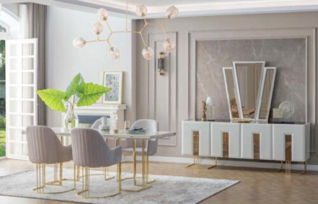 Stylish Dining room Suite stainless steel Dining table 6x Chairs Sideboard 8pcs