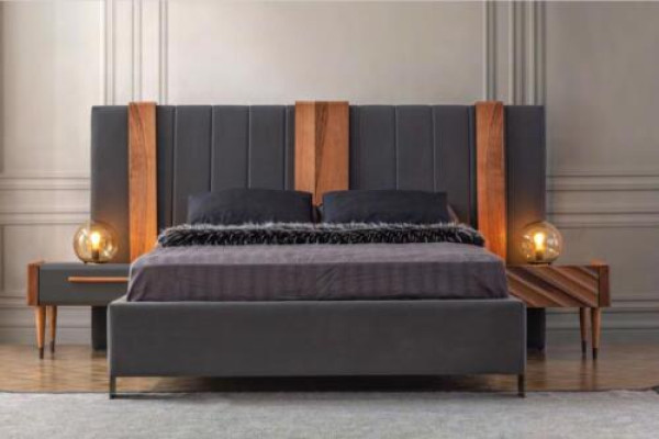Gray Bedroom Suite Modern Double bed 2x Bedside tables 3-piece set
