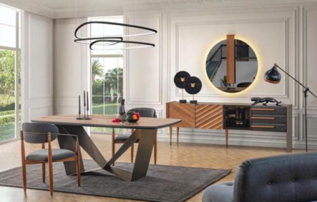 Stylish dining room suite designer dining table 4x upholstered chairs sideboard