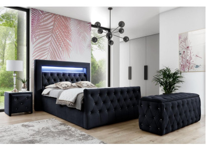 Black Chesterfield LED textile bed 2x Wood Bedside tables Stool 4 pieces