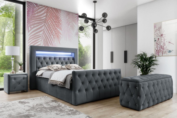 Chesterfield Gray Bedroom Set LED Upholstered bed Wood Bedside tables