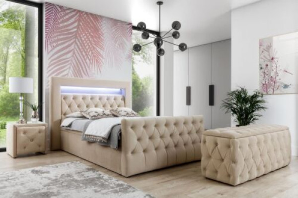 Beige Chesterfield Bedroom Suite Bed Stool 2x Bedside tables
