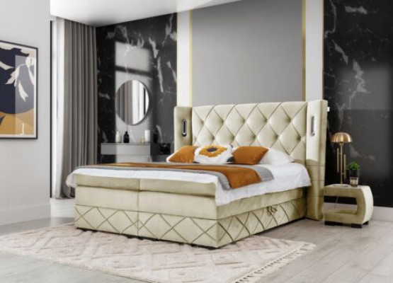 Beige Chesterfield Upholstered bed Bedroom Bedside tables Luxury Furniture