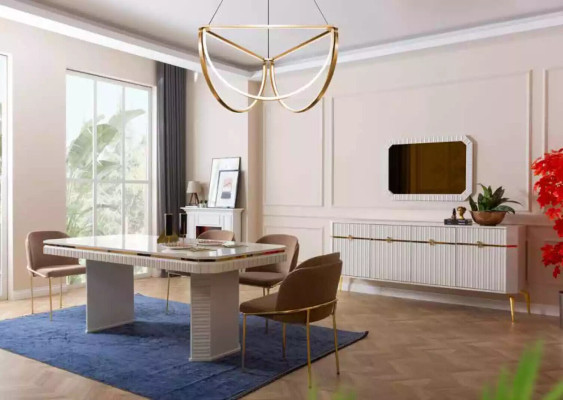 Dining room Dining table 6x Chair beige Suite Set 7pcs Luxury Wood Furniture