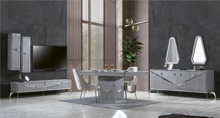 Gray Modern Dining Room Set 4x Chair Mirror Sideboard Shelf 9pcs