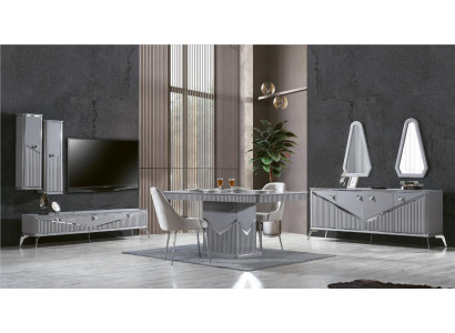 Gray Modern Dining Room Set 4x Chair Mirror Sideboard Shelf 9pcs