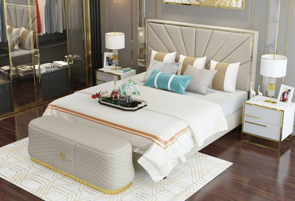 Designer Bedroom Bed Leather 2pcs. Complete Set Stool Beds Hotel Luxury