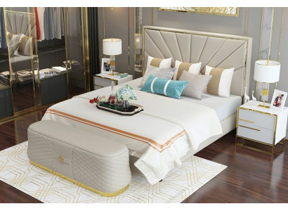 Designer Bedroom Bed Leather 2pcs. Complete Set Stool Beds Hotel Luxury