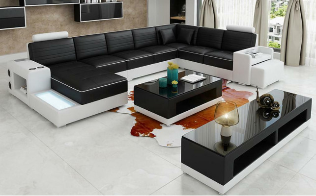 Corner sofa U-shape Sideboard Coffee table Couch Design Black Upholstery Leather Modern