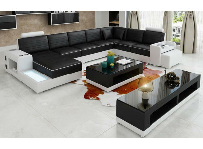 Corner sofa U-shape Sideboard Coffee table Couch Design Black Upholstery Leather Modern