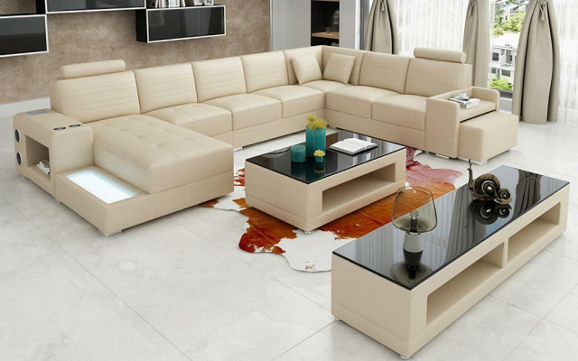 Corner sofa U-shape Sideboard Coffee table Couch Design Black Upholstery Leather Modern