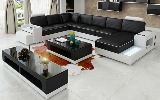 Corner sofa U-shape Sideboard Coffee table Couch Design Black Upholstery Leather Modern